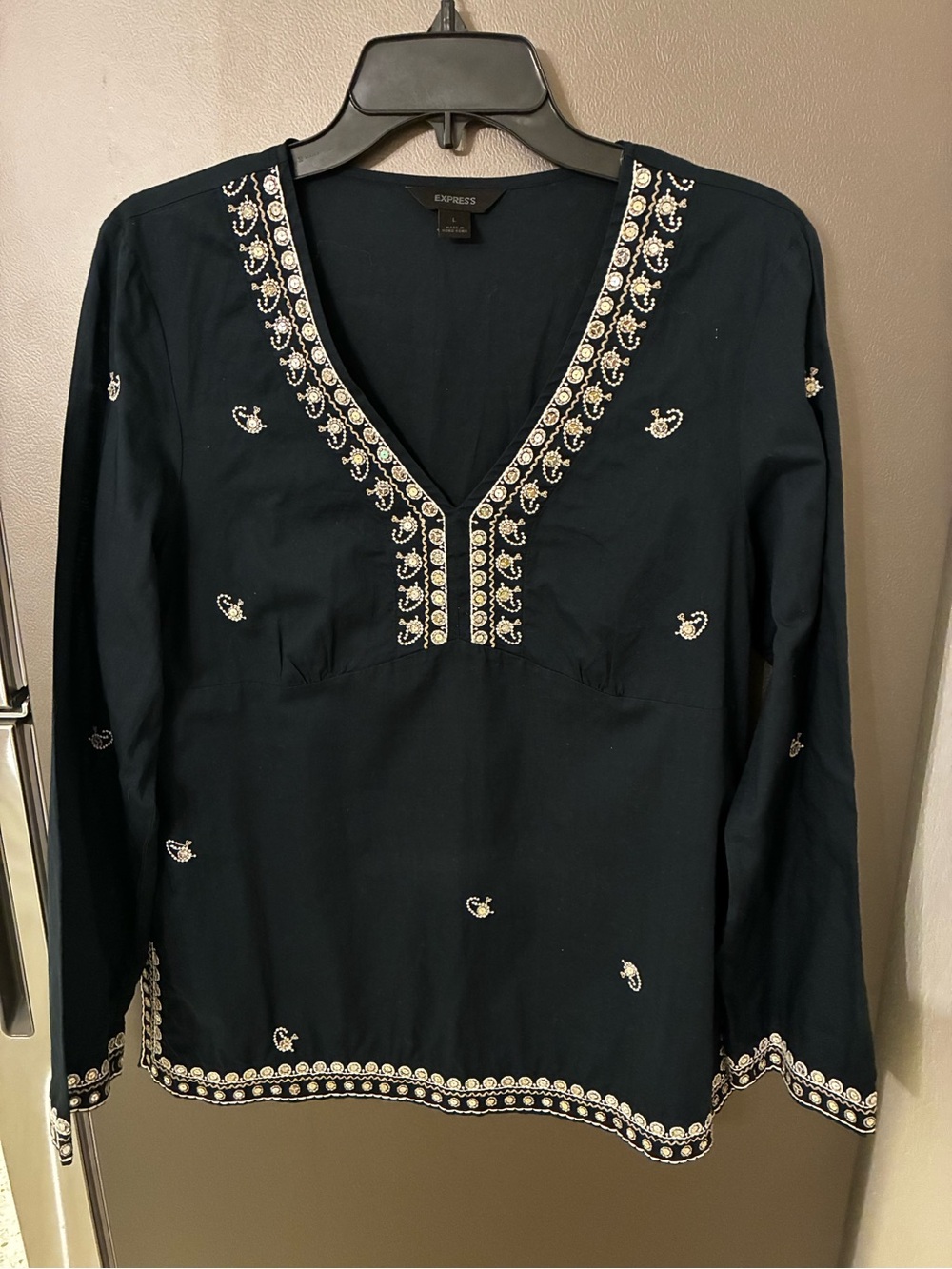 Express Navy Embellished Sequin Blouse Woman L Embroidered Sequins Festival Chic